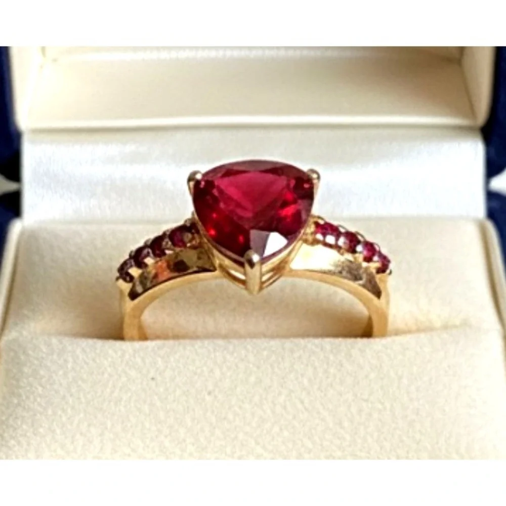 14K GOLD PLATED Sterling Silver Ring LAB CREATED RUBY Trillion w/Side Stones 8